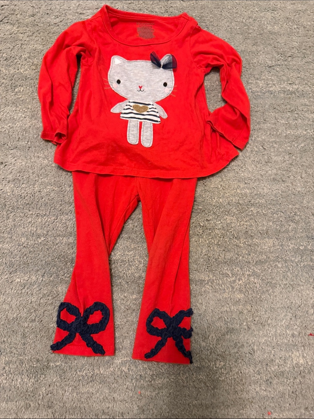 First Impressions Red Kitty Applique Pajama Set with Navy Bow Accents